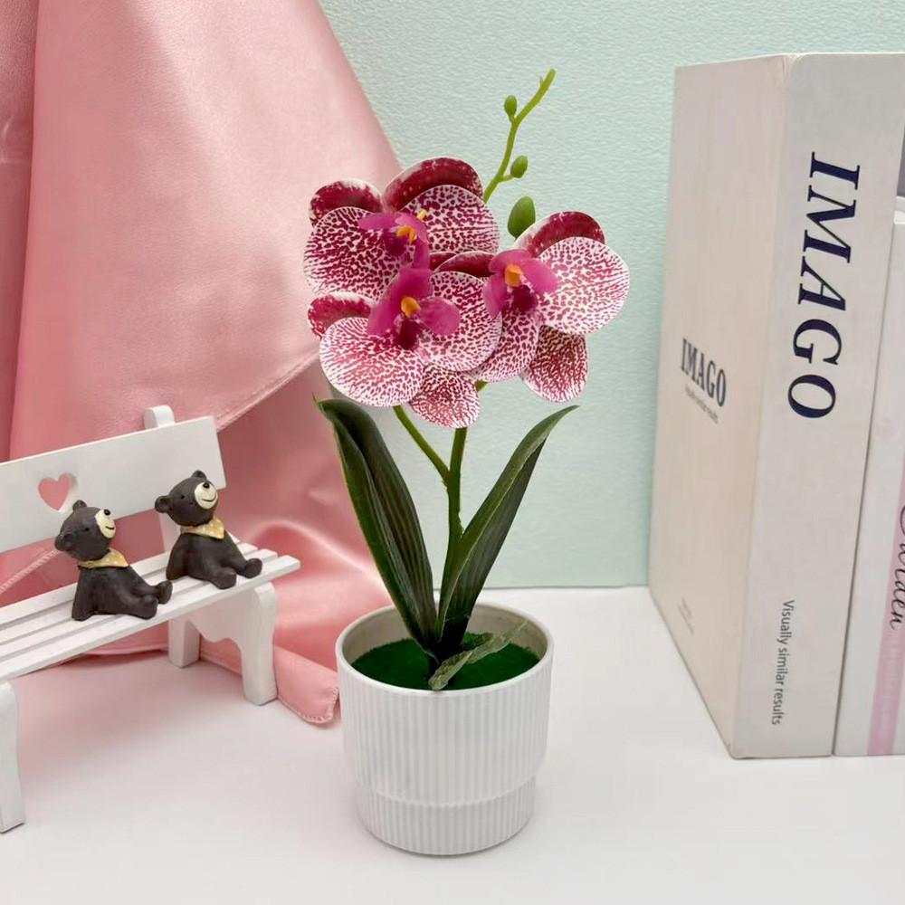 Faux Flowers Three Butterfly Orchid Green Plant For Home Decoration Office