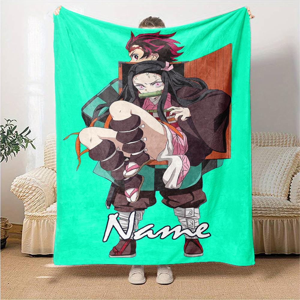 Custom Name Demon Slayer Theme Printed Blanket - Perfect for Couch, Bed, Travel & Outdoor Use | Machine Washable, Cozy & Durable.