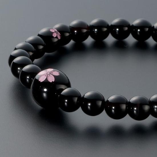 Buddhist altar shop Takita Shoten Specially Selected Bracelet Prayer Beads Natural Stone Bracelet Black Onyx Cherry Blossom Carving 7mm Beads Inner