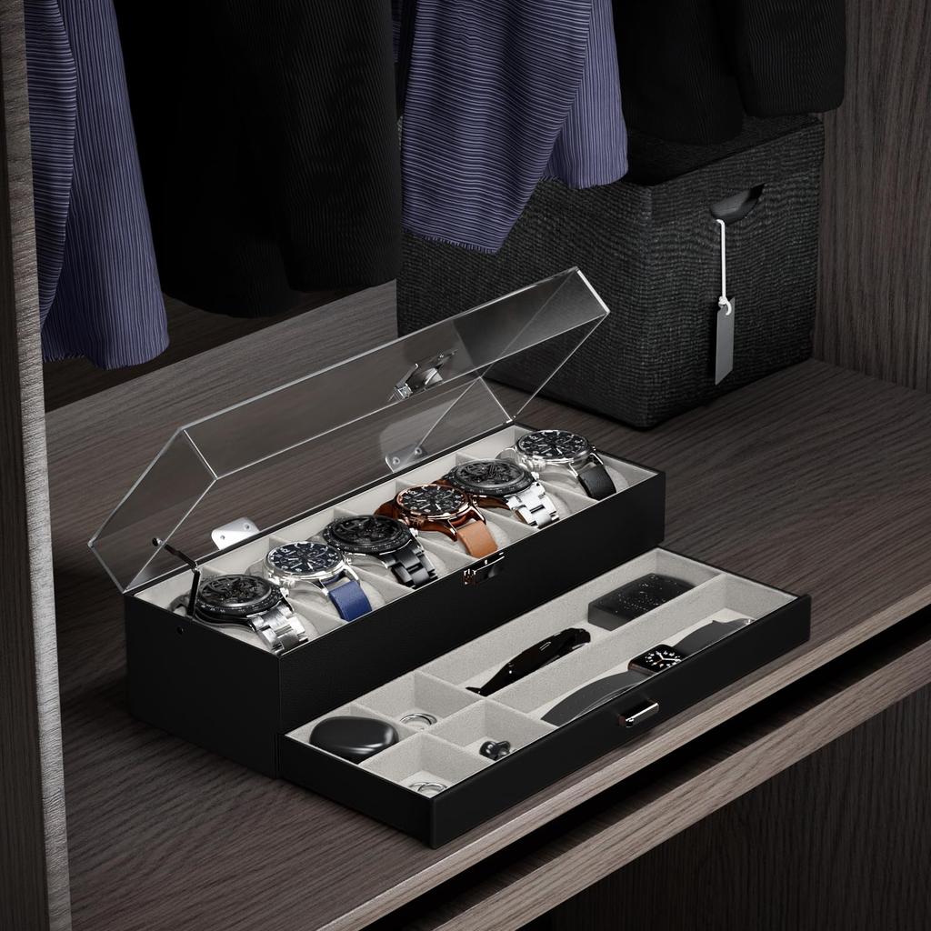 ProCase Часы Вмещает 6 или 10 Часы Витрина с Прозрачной Акриловой Крышкой и Органайзер для Часов Мужской Кейс, Часы, 2-ярусный Ящик, Мужской