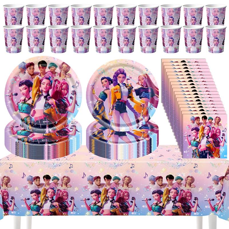 Kpop Birthday Party Decoration Tableware Set Birthday Party Supplies Balloons Cake Topper Hanging Flag Cups K-pop Party Decor
