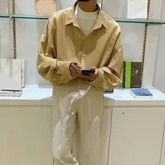 Мужская рубашка свободного кроя, однотонный кардиган с отложным воротником, однобортный, осенне-весенний топ, рубашка средней длины в уличном стиле