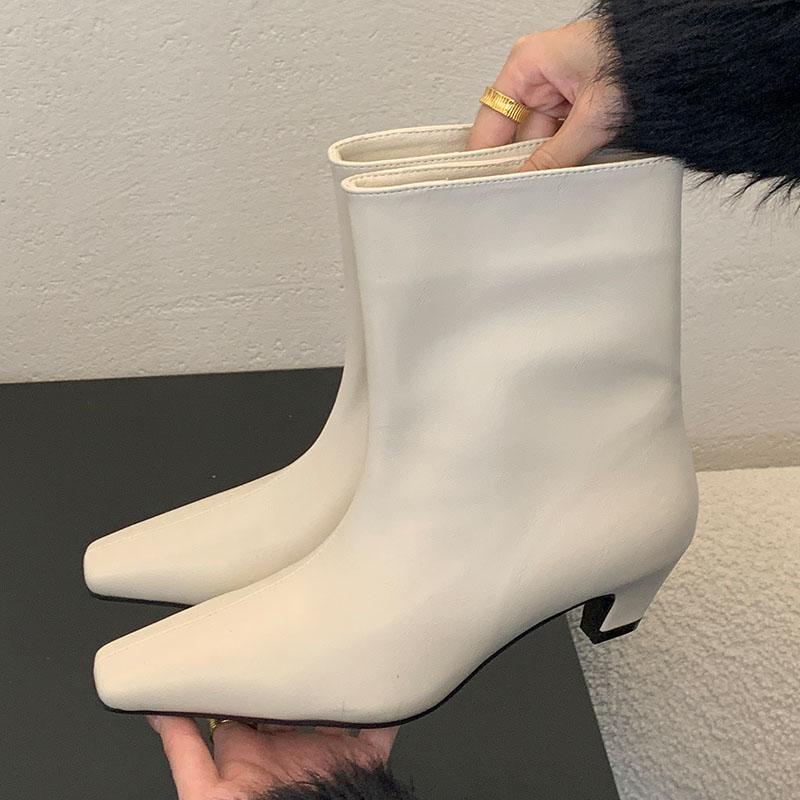 Модная Новая Обувь Средний Каблук Женские Ботильоны Современные Ботинки Женская Обувь Слипоны Модные Ботильоны с Квадратным Носком Женские Короткие Ботильоны Обувь на Каблуке