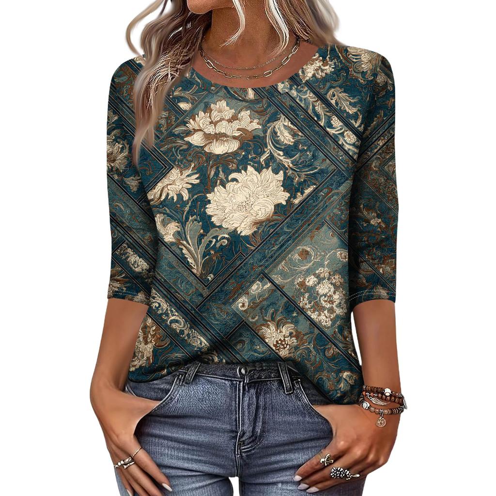 Trendy Vintage 3/4 Sleeve Top For Women ,Ladies Casual Three Quarter Sleeve Round Collar Printed T-Shirt Blouse