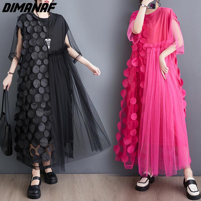 Dimanaf Dress Women 2025 New Plus Size Summer Style Mesh Short Sleeve Chiffon Oversize Solid Loose Basic Dresses Yellow A