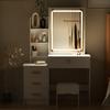 Vanity Desk with LED Lighted Mirror Makeup Mirror, Table 4 Drawers and Opening Shelves, Bedroom Dressing Stool