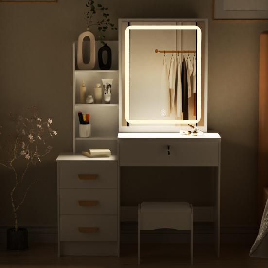 Vanity Desk with LED Lighted Mirror Makeup Mirror, Table 4 Drawers and Opening Shelves, Bedroom Dressing Stool
