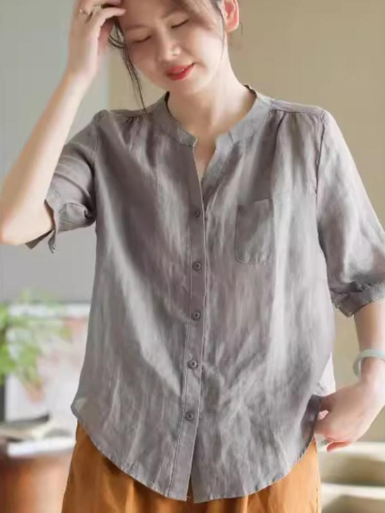 Johnature Women Vintage Solid Color Shirts V-Neck Short Sleeve Tops Patchwork Pockets Summer Casual Blouses