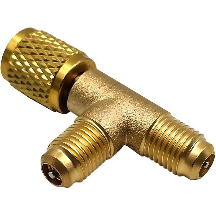 Car Quick Coupler Access Tee, Brass 1/4" SAE Valve Core Tee Adapter for R22 R12 R134 Gauge Deep Vacuum Pump Manifold, Air Conditioner Refrigerant