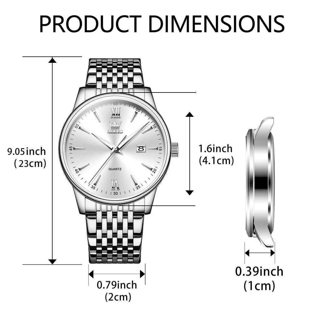 Часы OLEVS Популярные водонепроницаемые модные наручные часы Стильные металлические часы с календарем Серебряный циферблат Белые деловые часы Ремешок из нержавеющей стали Аналоговые кварцевые часы