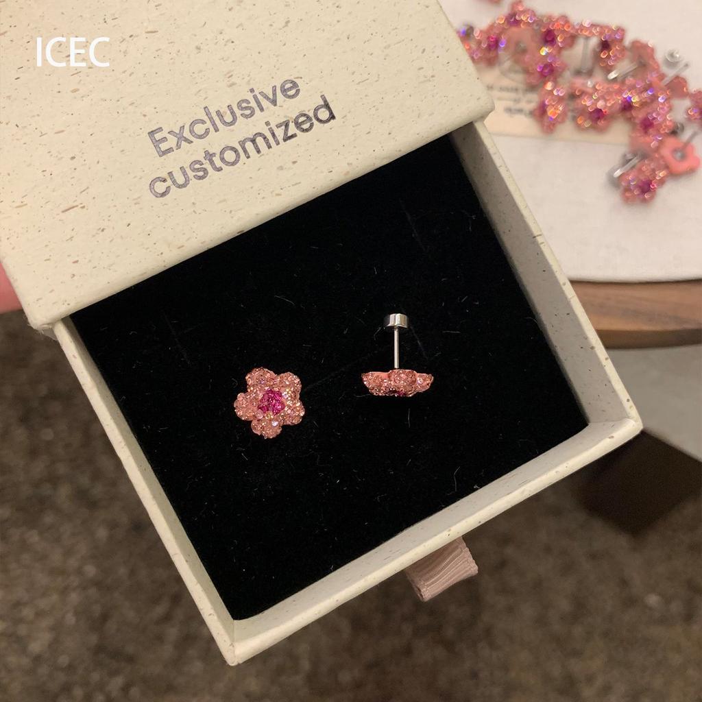 Sweet Flash Full of Diamonds, Small Pink Flower Stud Earrings, Simple, Fashionable and Versatile, Cute and Delicate Earrings for Women