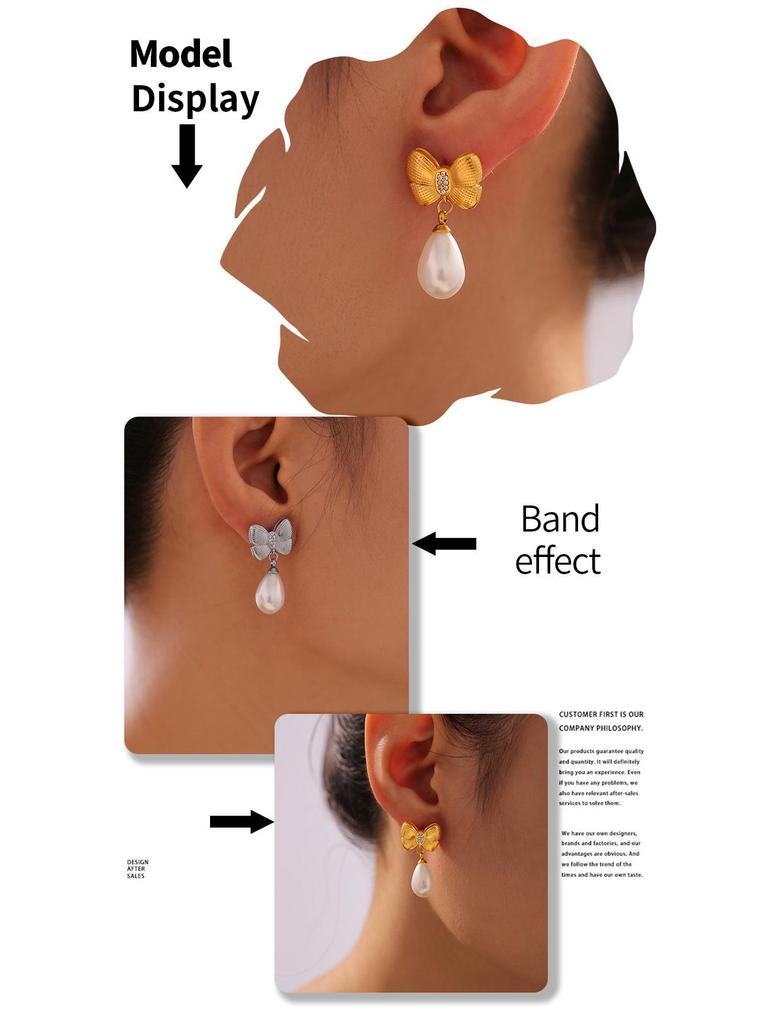 Korean Style Diamond Bow Tassel Faux Pearl Earrings - Women's 18k Gold-Plated Titanium Steel Fashion.