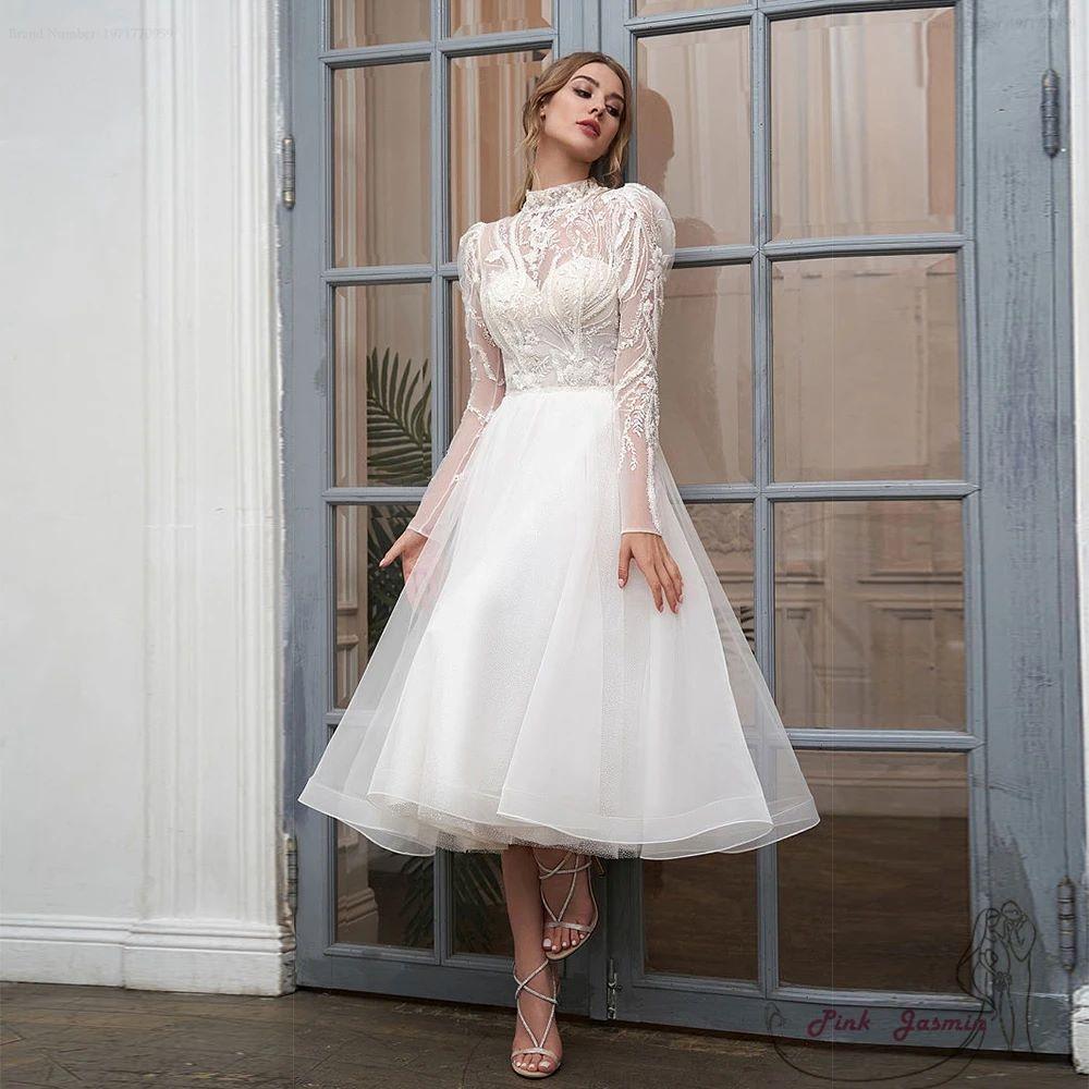 Короткие свадебные платья High Nech для женщин с аппликацией из мягкого тюля и органзы, свадебные платья длиной до колена, Vestidos De Novia 2024