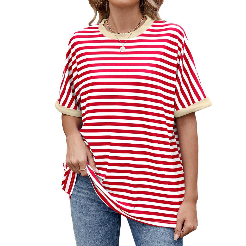 2025 весна и лето новый полосатый контрастный цвет круглый вырез свободный женский короткий рукав футболка топ
