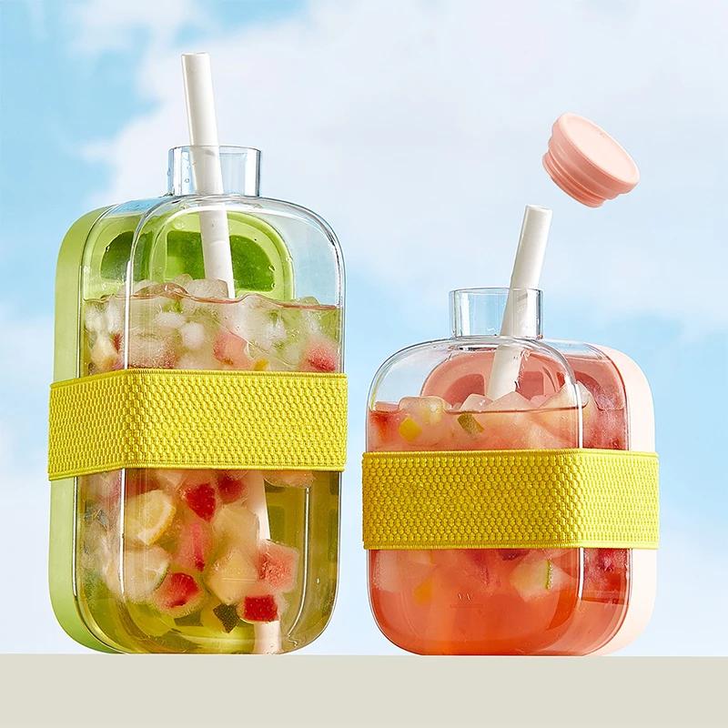 Силиконовая форма для льда, бутылка, охладитель с одним щелчком, стакан с трубочкой, лоток для льда с крышкой для морозильника, креативная бесконтактная форма для лета