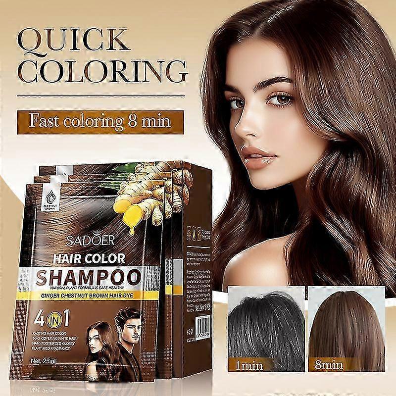 Gray Hair Color Shampoo - Natural Ginger Chestnut Brown Hair Dye Shampoo for Long-Lasting Color in Minutes, 25ml x 10pcs, Travel Size