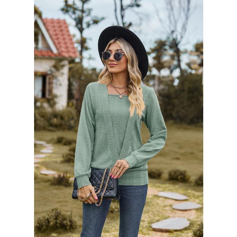 Весенне-осенняя женская блузка, однотонная, с квадратным вырезом, свободный топ с длинными рукавами и кроссовером