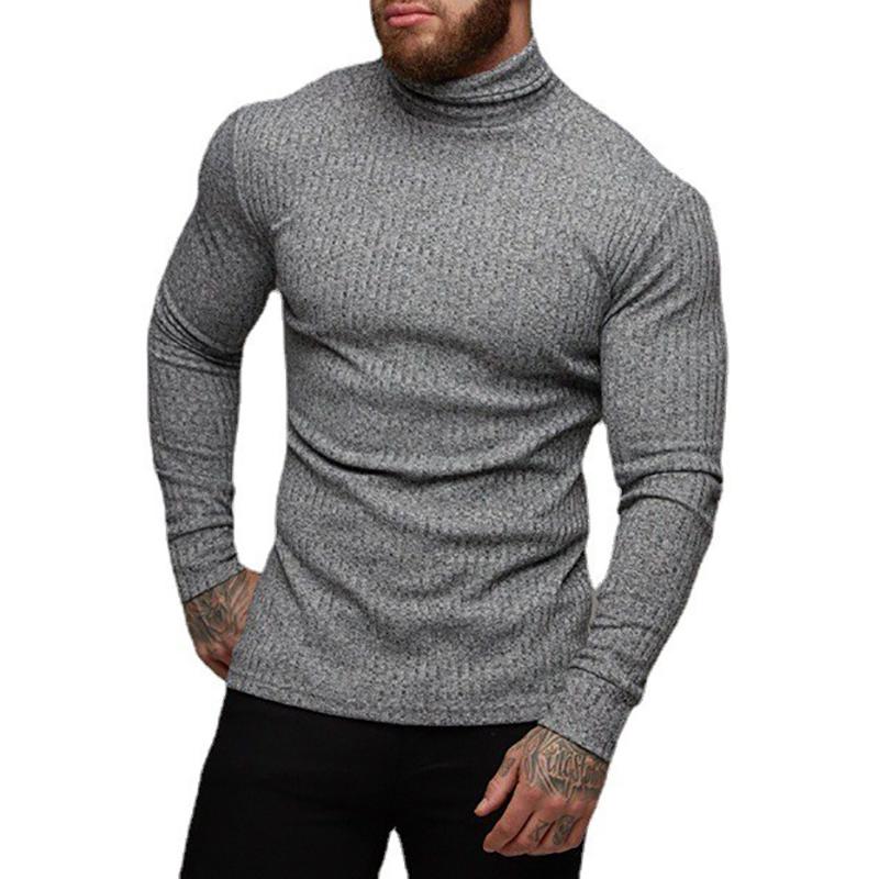 Muscleguys Mens Running T-shirts Autumn Thin Knitted Ribbed Roll Neck Jumper Sports Sweaters Strip Slim Fit Gym Fitness Pullover T Shirts