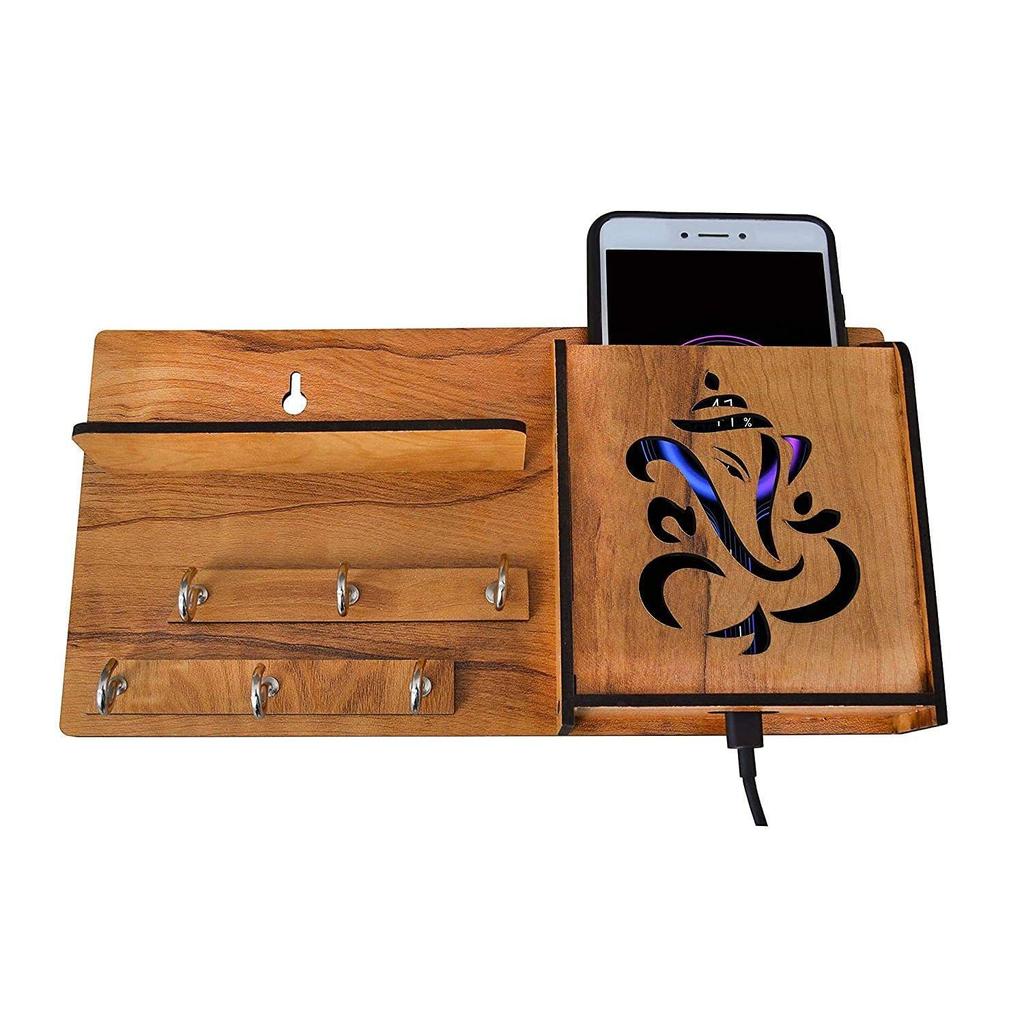 Многоцелевой деревянный держатель ключей Ганеша с мобильной подставкой и настенной полкой, 6 крючков для ключей, упаковка из 1 шт., деревянный