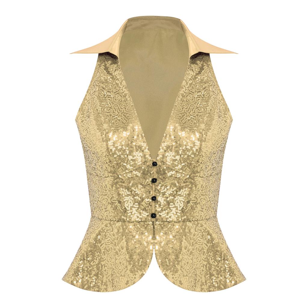 Женский стильный однотонный жилет с лацканами, без рукавов, с блестящими пайетками, вечерний топ для вечеринки, наряд для ночного клуба
