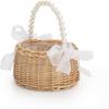 Elegant Wedding Flower Girl Basket with Pearl Handle and Ribbon Bow, Bowknot Satin Flower Basket for Wedding, Rustic Handwoven Wicker Flower, (1PCS)