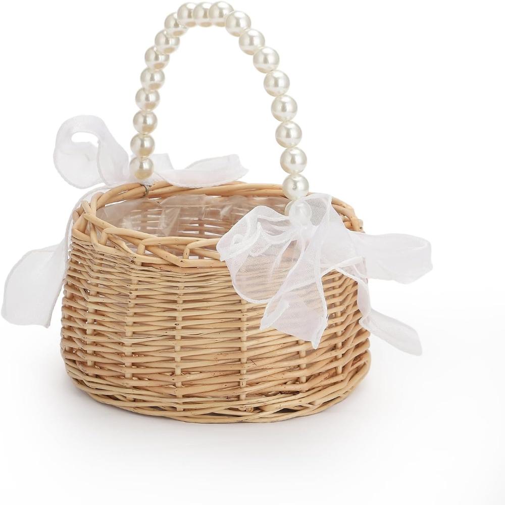 Elegant Wedding Flower Girl Basket with Pearl Handle and Ribbon Bow, Bowknot Satin Flower Basket for Wedding, Rustic Handwoven Wicker Flower, (1PCS)
