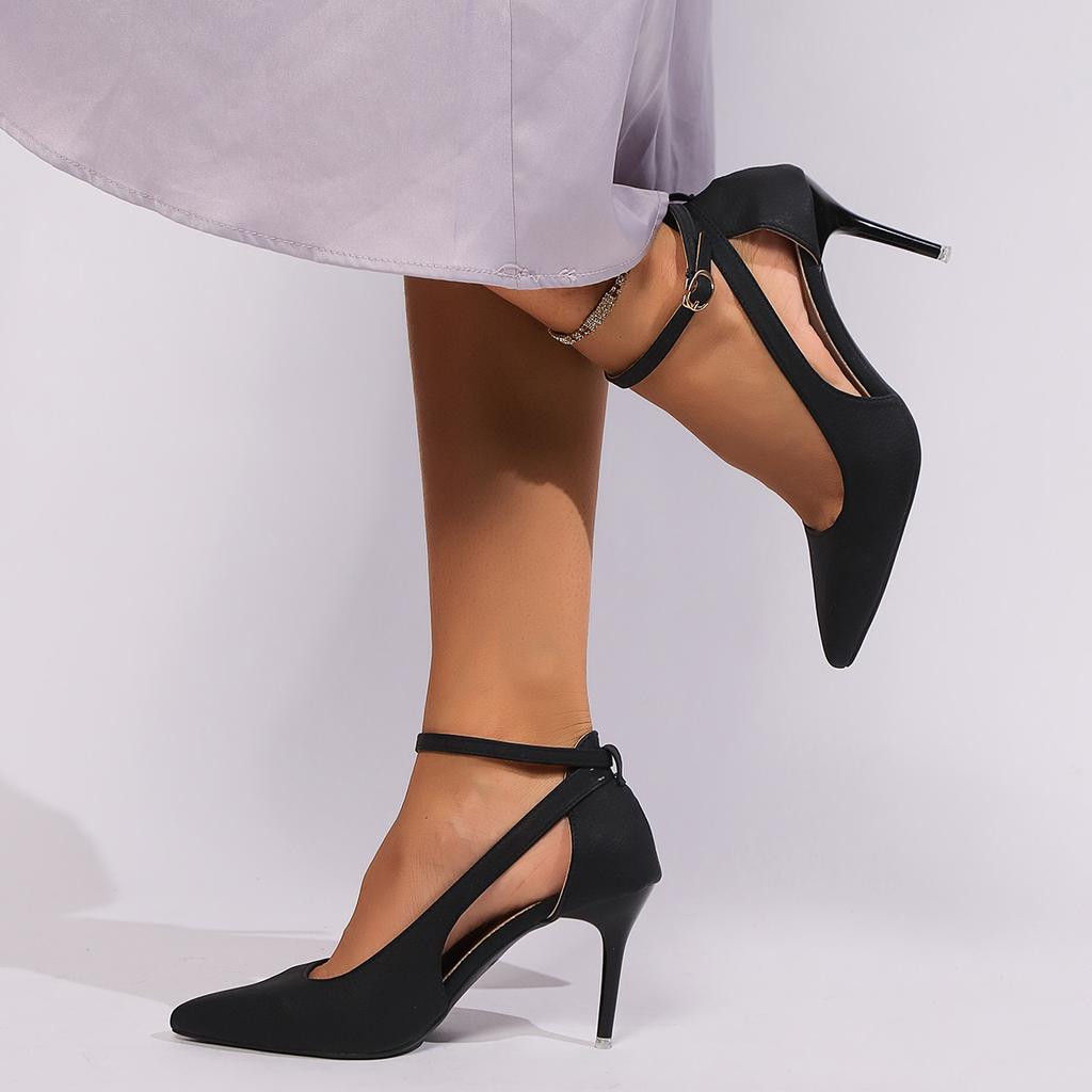 Модная женская обувь 2024 года, высококачественные однотонные туфли с острым носком, неглубокие полые туфли с одним словом, пряжкой, ремешком, на шпильках, женские туфли на высоком каблуке