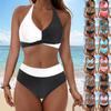 Ladies' Detachable Chest Cushion High Waist Hanging Neck, Printed Color Blocked Split Swimsuit High Waisted Bikini Two-Piece Set