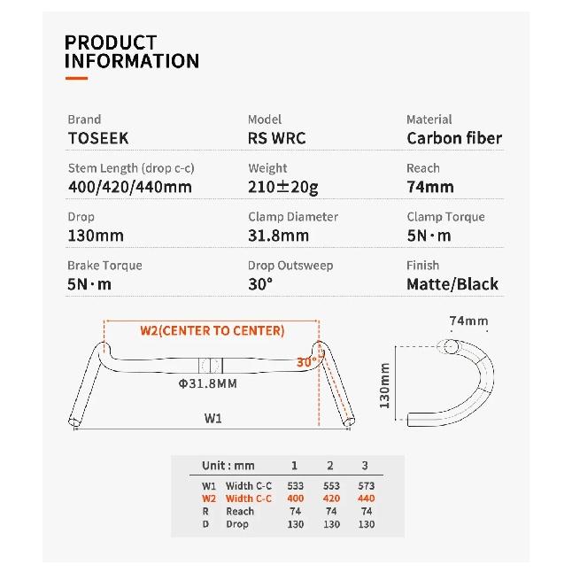 TOSEEK RS-WRC T800 Carbon Fiber Handlebar Road Bike Bent Bar 400/420/440mm Bicycle Gravel Handlebars Outward Expansion Bar