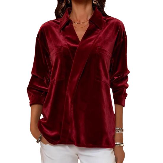 Женская рубашка с лацканами, длинным рукавом, бархатной текстуры, однотонная, пуловер, топы свободного кроя, повседневные топы для работы, вечеринки, офиса