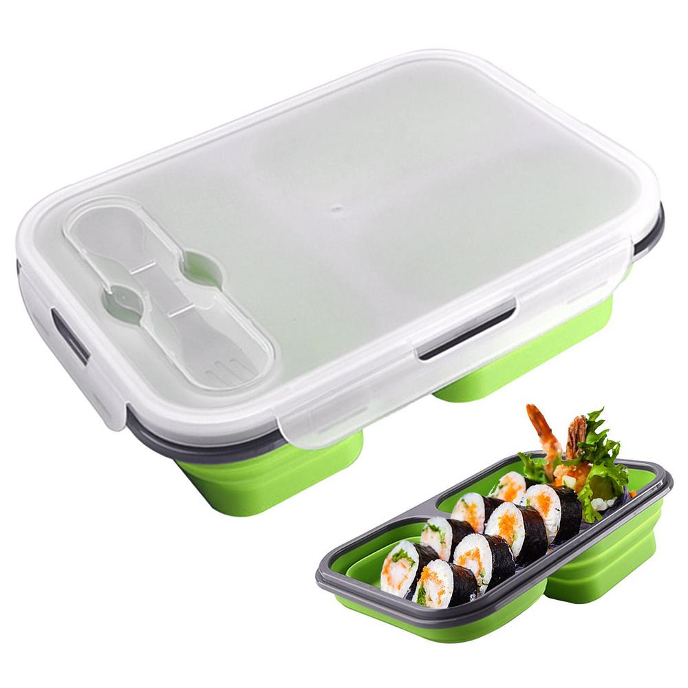 Силиконовый ланч-бокс Bento с 3 отделениями, складной контейнер для еды с ложкой, безопасный для использования в микроволновой печи, посудомоечной машине и морозильной камере