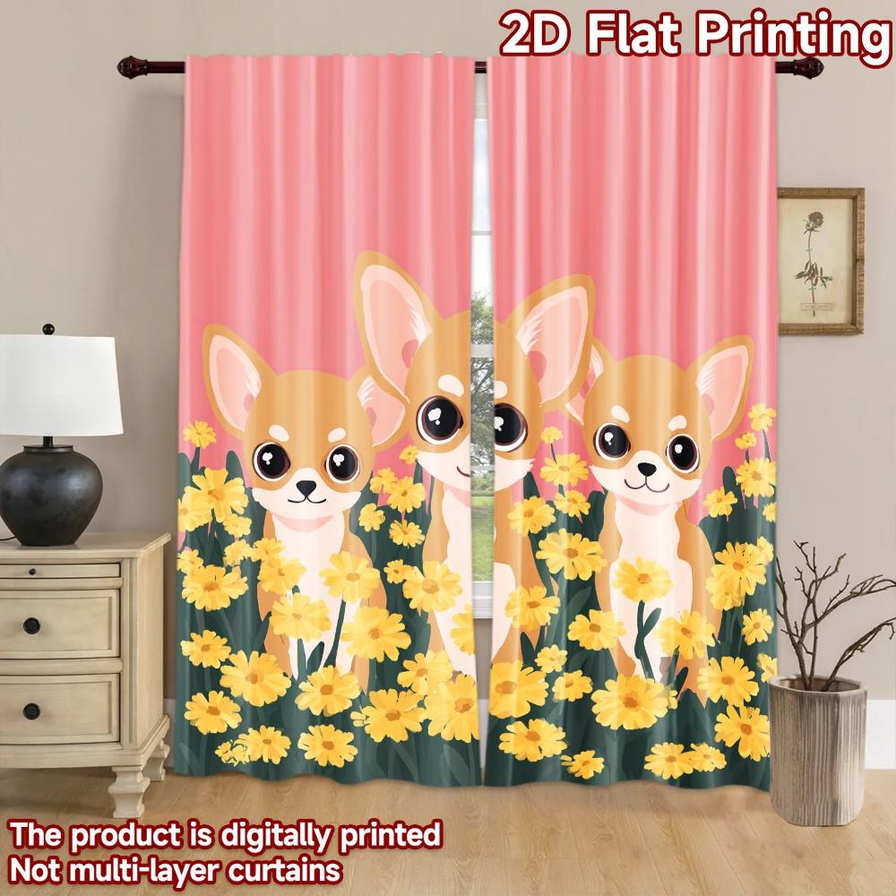 2D flat printing 2pcs Party Curtains Chihuahua Spring Flower Cute Dogs Digital Printed Polyester Drapes Family Party Decoration