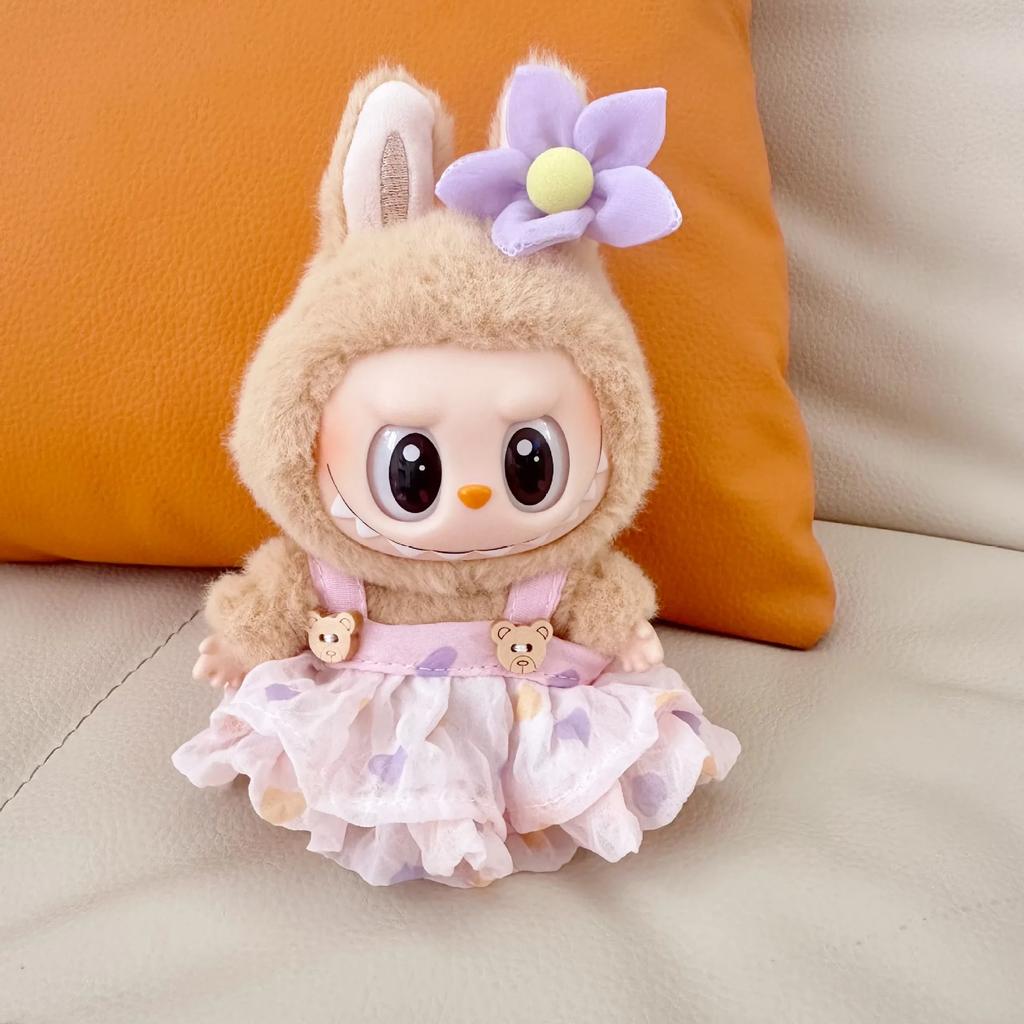 Наряд для куклы Лабубу 17 см с плиссированной юбкой, заколкой для волос в виде цветка и набором шляп-бейсболок, Аксессуары для одежды Лабубу