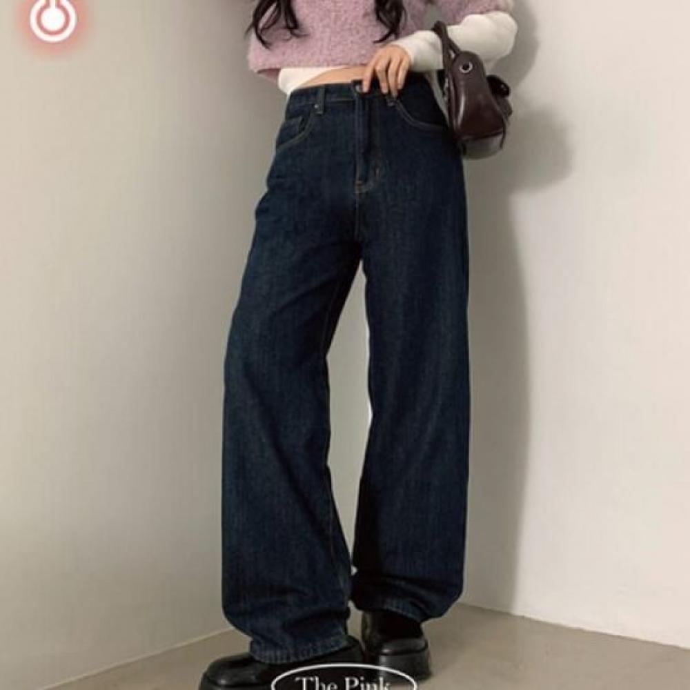 The Pink Women High Waist Semi Wide Fleece Lined Denim Pants
