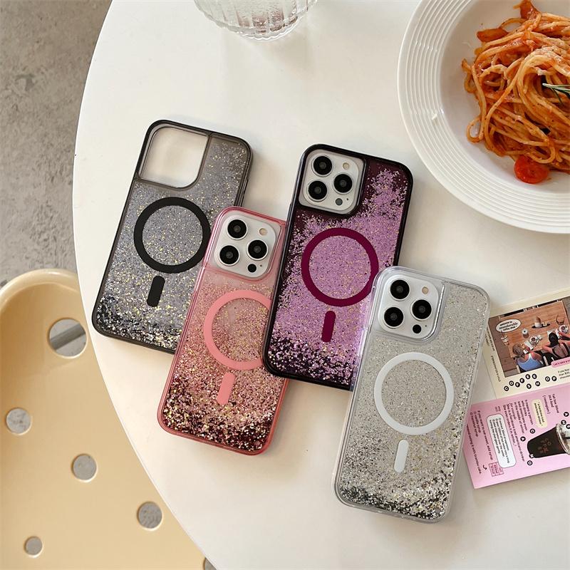 Quicksand Magnetic Magnets Case for iPhone 14 13 Pro Max 16 15 Glitter Powder Flakes Phone Cover Hard Conque Liquid Shell