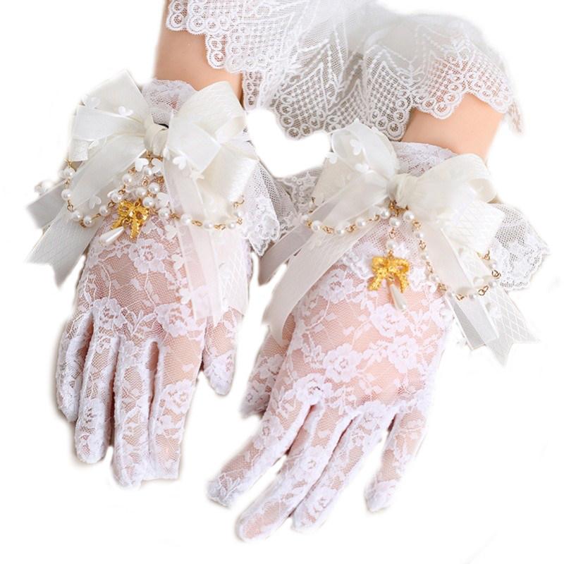Original Design Lolita White Lace Gloves Bow Bead Chain Finger Sunscreen Gloves Vintage Elegant Lolita Gloves