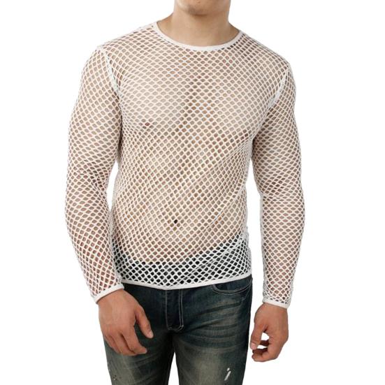 Мужской клубный топ, прозрачный ажурный сетчатый круглый вырез с коротким рукавом, свободный тонкий пуловер в стиле хип-хоп, уличная мужская футболка