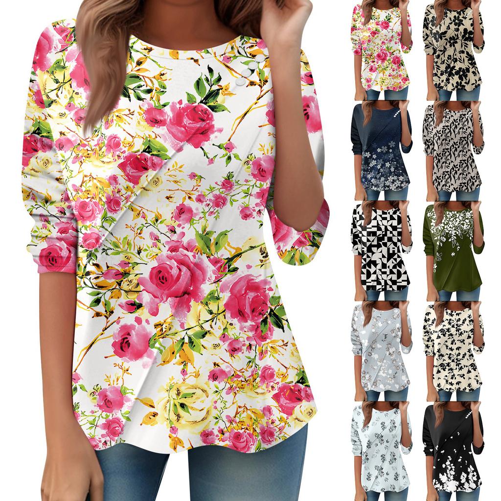 Women's Loose Casual Long Sleeve Top Round Neck Button Pull Stripe Prints T Shirt