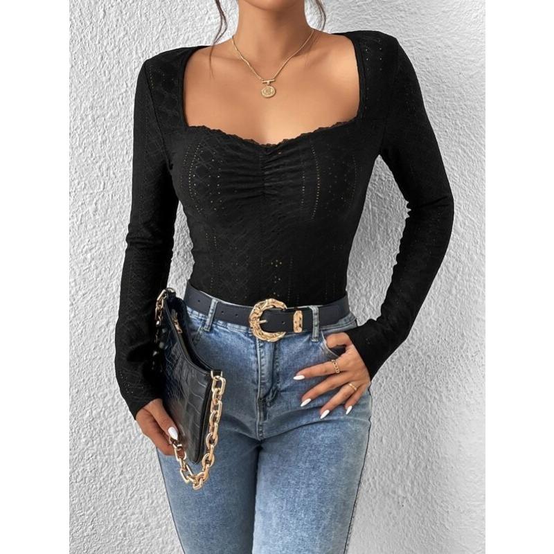 Embroidered Eyelets Pleated Chest Lace Decorative T-Shirts Women’s