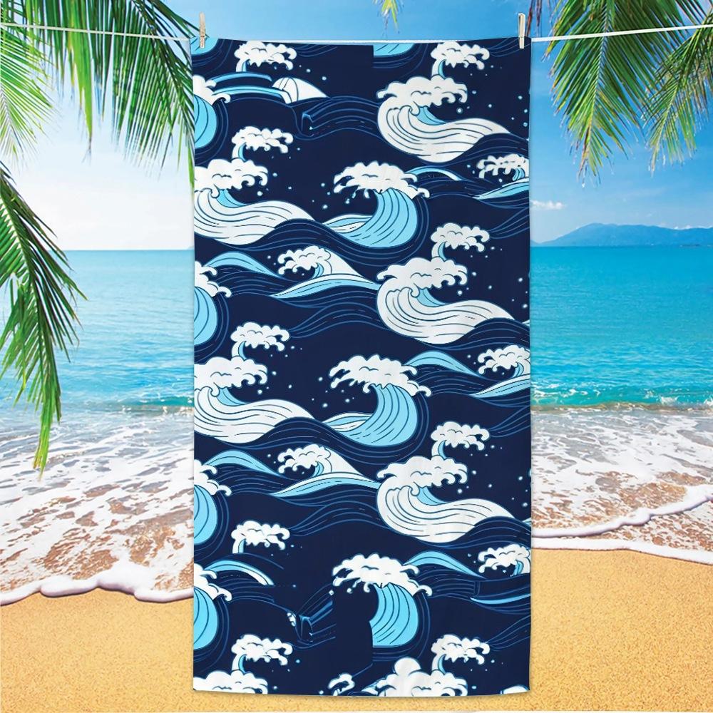 Dark Navy Japanese Wave Repeat Print Beach Towel,sand blocking for seaside trips,pool rest,coastal picnic & resort leisure