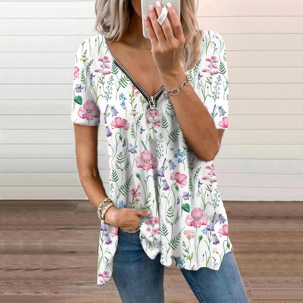 Женский топ, летний новый модный синий полый топ с цветочным принтом, повседневный топ на молнии с v-образным вырезом и короткими рукавами