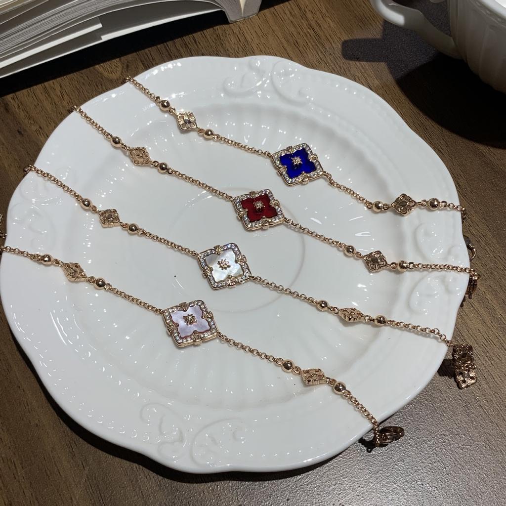 Buqi Latti Brushed Four Leaf Clover Natural White Fritillary Single Flower Bracelet Female Tiger Eye Bracelet Vintage Court