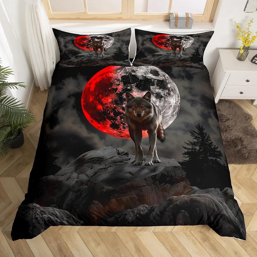 Wolf Warm Comforter Cover King Quen,Safari Animal Beding Set for Young Boys Adult Peoples Wild Wolves Soft Duvet Cover Smoky Mountain Comfortable