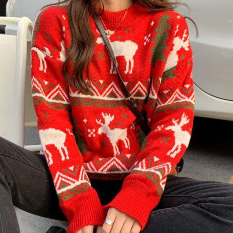 Foreign trade cross-border autumn and winter new Korean version of women's clothing loose couple Christmas tree deer thickened jacquard sweater