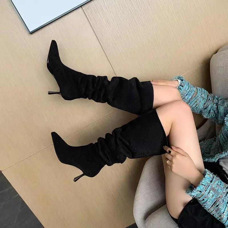Luxury Women Boots Fashin Pointed Toe Thin High Heels Ankle Boots Autumn Pleated Cowboy Women Knee-High Boots Woman Western Shoe