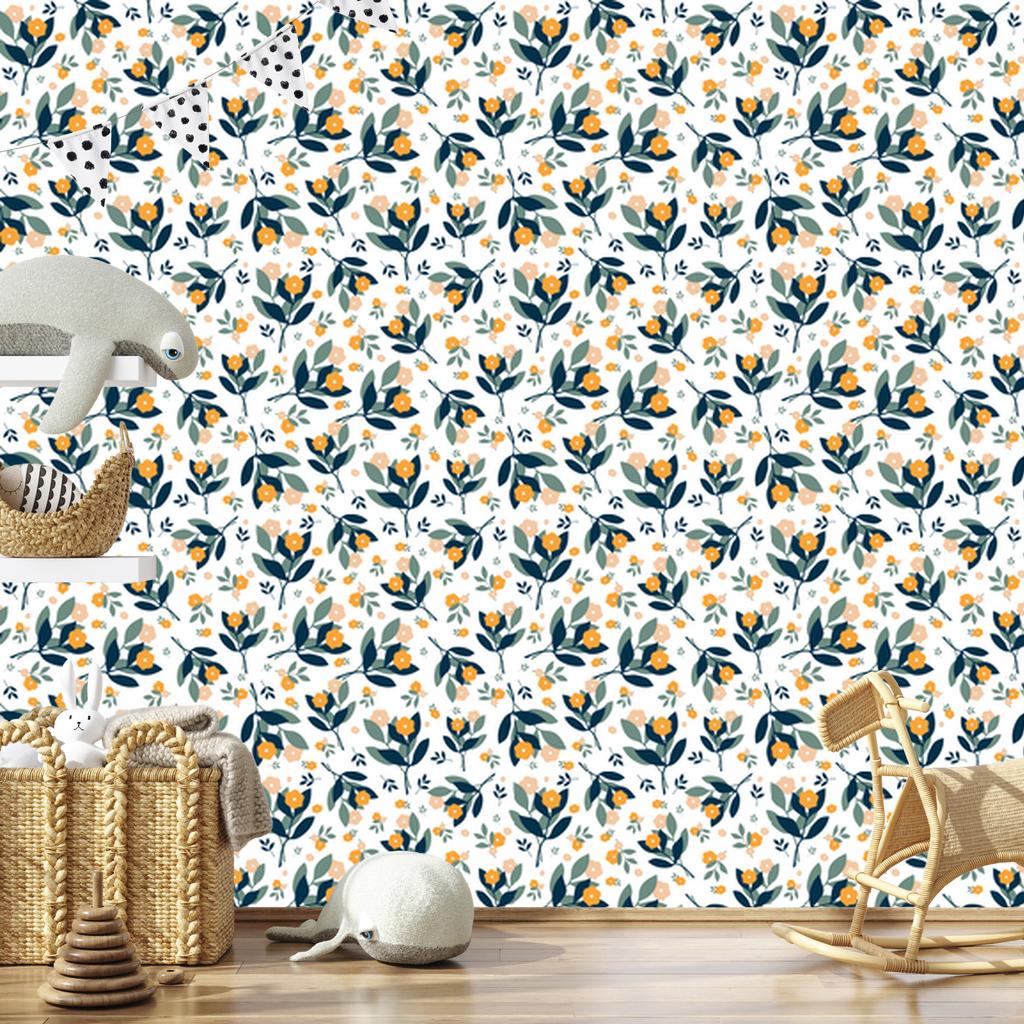 Wallpaper Flowers white, light gray, turquoise and cream 50x1000