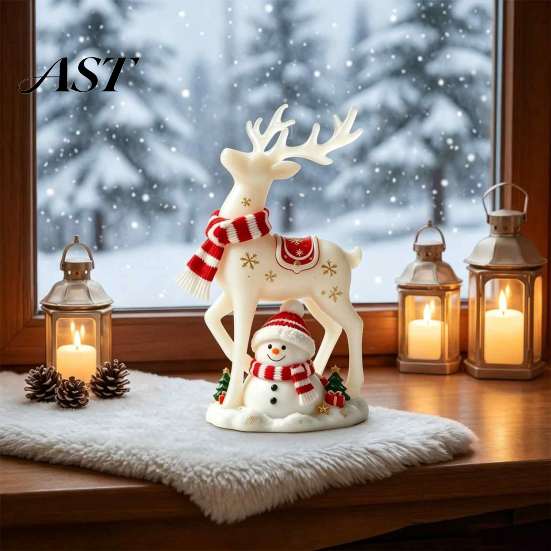 Unique Housewarming Gift Christmas Reindeer Snowman Resin Figurine, White Deer Statue with Red Scarf, Indoor Holiday Ornament Winter Tabletop