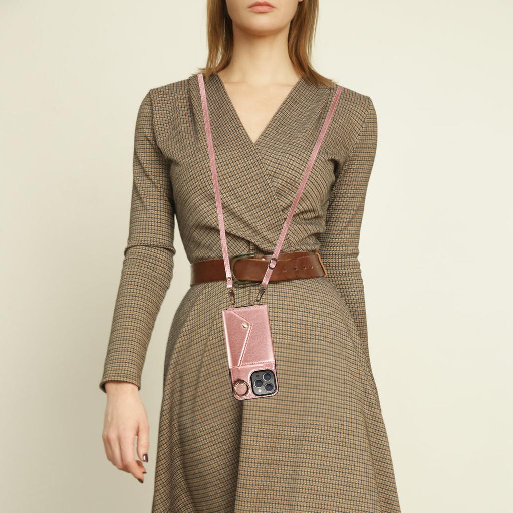 Для iPhone 15 серии. Для iPhone 15, 15 Plus, 15 Pro, 15 Pro Max плечевой ремень веревка кольцо кронштейн дизайн держатель для карт слоты личи узор чехол для телефона