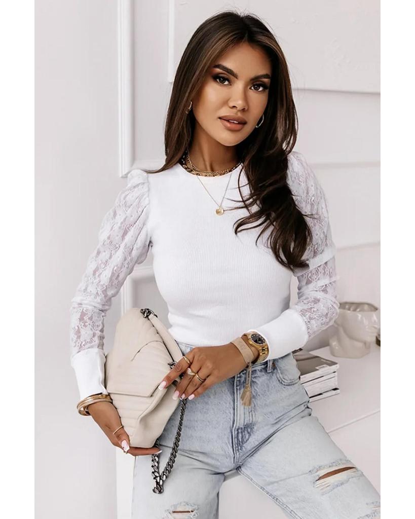 Azura Exchange Белый кружевной топ с ребристым узором и рукавами