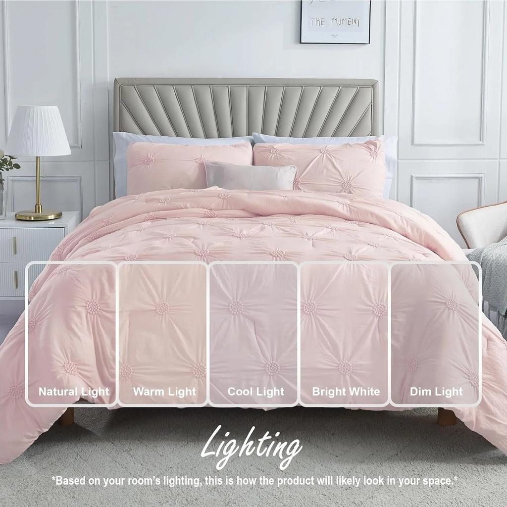 Full/Queen Baby Pink Rose Blush Comforter Set - Ruched 3D Floral Pintuck Bedding Set - 3 Pieces Bed Linen, 1 Comforter